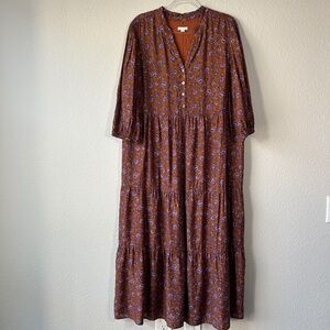 J. Jill size XL tiered maxi dress ruffle boho orange purple floral 3/4 sleeve